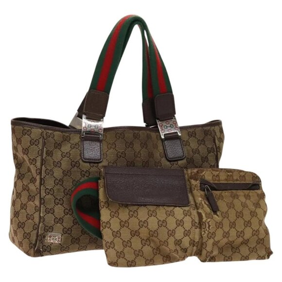 GUCCI GG Canvas Web Sherry Line Tote Bag 2Set Beige Red Green Auth 138062 - Picture 1 of 12